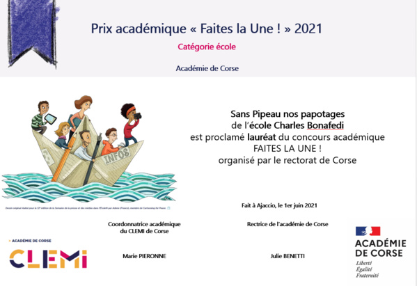 Faites la Une ! remise du prix Ecole charles Bonafedi 